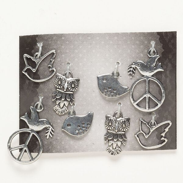 Charm assortment brass 8pk 15x10mm-24x16mm mixed bird shapes, antique silver finish image number 0