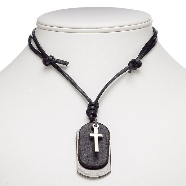 Necklace, leather (dyed) with gunmetal-plated steel and "pewter" (zinc-based alloy), black, 49x28mm dog tag with cross, adjustable up to 26 inches with knot closure. Sold individually. image number 0