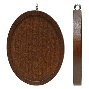 Focal, stained Japanese pagoda wood and stainless steel, dark brown, 45x35mm single-sided oval with 40x30mm non-calibrated oval glue-in setting. Sold per pkg of 8.