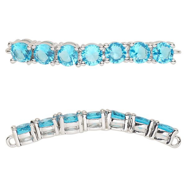 Focal, cubic zirconia and silver-plated brass, aqua, 40x5mm curved rectangle. Sold individually. image number 0
