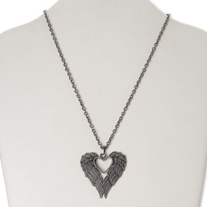 Necklace, antique silver-finished "pewter" (zinc-based alloy) / brass / steel, 45x44mm winged heart, 18 inches with 3-inch extender chain and lobster claw clasp. Sold individually.