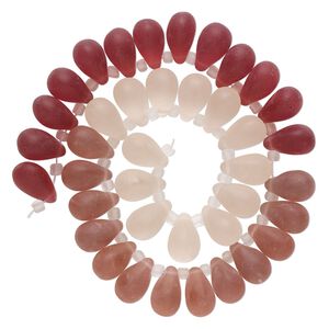Bead, glass, translucent matte pale pink, light pink and dark pink, 16x10mm top-drilled teardrop with irregular rondelles. Sold per 14-inch strand.