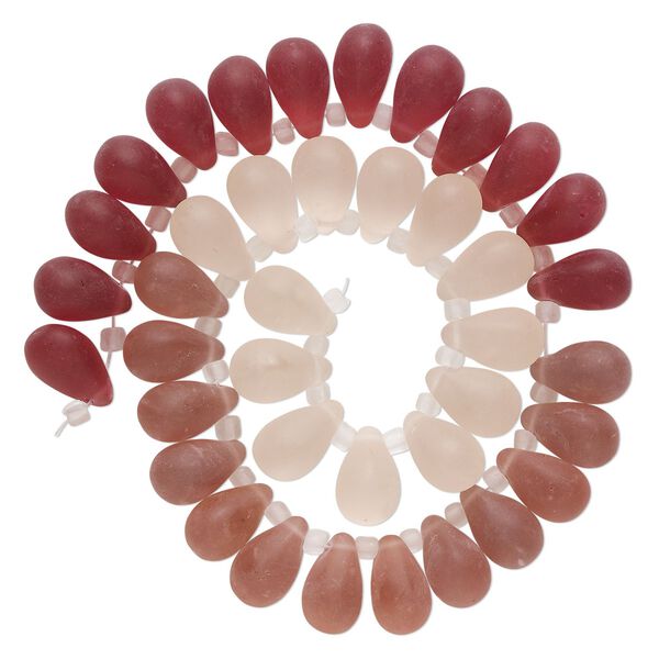 Bead, glass, translucent matte pale pink, light pink and dark pink, 16x10mm top-drilled teardrop with irregular rondelles. Sold per 14-inch strand. image number 0