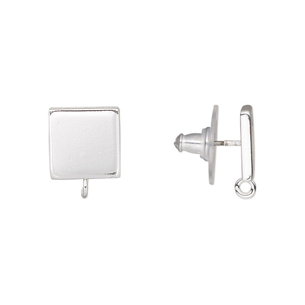 Earstud, silver-plated steel and stainless steel, 10mm square with closed loop. Sold per pkg of 2 pairs. image number 0