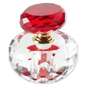 Perfume bottle, glass and gold-finished "pewter" (zinc-based alloy), clear and red, 3-1/2 x 3 x 3 inches with dauber and threaded stopper. Sold individually.