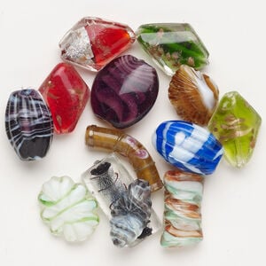 Bead mix, lampworked glass, pkg/4 ounces, opaque to transparent mixed colors with silver-colored foil and copper-colored glitter, 22x9mm-40x29mm mixed shapes.