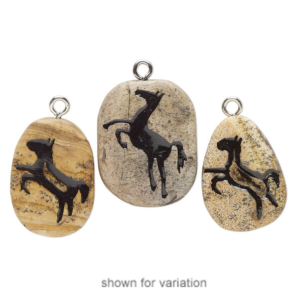 Focal, silver-finished steel / picture jasper (natural) / enamel, black, 30x22mm-34x26mm freeform with horse, Mohs hardness 6-1/2 to 7. Sold individually. image number 0