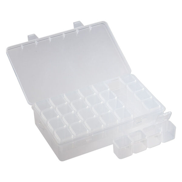 Organizer box, plastic, clear, 9 x 5-1/4 x 2-inch rectangle with tray insert, (7) 4-cell containers and snap top. Sold individually. image number 1