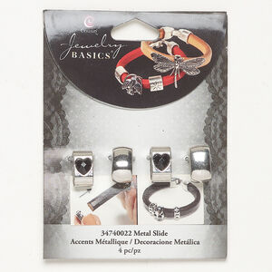 Slider bead assortment 1pkg4, antique silver-finished brass and acrylic, clear, 14x8mm oval with heart / 15x8mm oval.