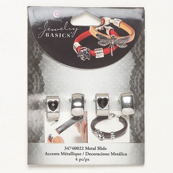 Slider bead assortment 1pkg4, antique silver-finished brass and acrylic, clear, 14x8mm oval with heart / 15x8mm oval. image number 0