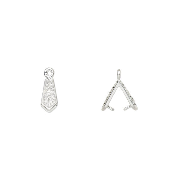 Bail, ice-pick, silver-plated brass, 9x4mm with flower design, 5mm grip length. Sold per pkg of 6. image number 0