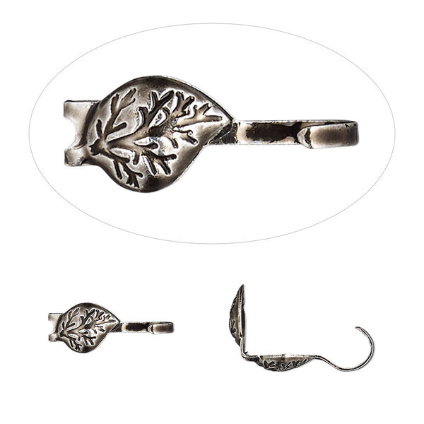 Bead tip, Hot Tips®, antique silver-plated brass, 9x5mm bottom clamp-on leaf with open loop. Sold per pkg of 100. image number 0
