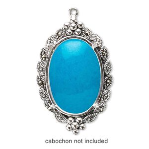 Drop, marcasite (natural) and sterling silver, 35x23mm oval with 25x18mm 4-prong oval setting. Sold individually.