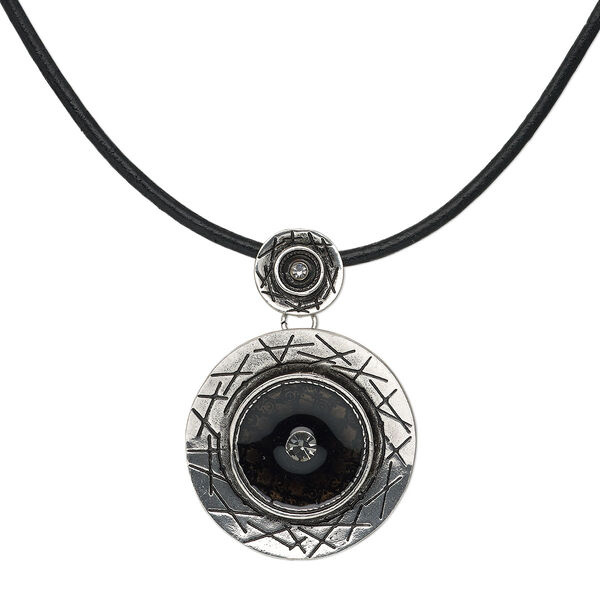 Necklace, antique silver-plated "pewter" (zinc-based alloy) and steel / leather / epoxy / crystal rhinestones, black and crystal clear, 40mm round with smooth leather cord, 18 inches with lobster claw clasp with 3-inch extender chain. Sold individually. image number 0