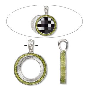 Pendant, Almost Instant Jewelry®, epoxy / crystals / imitation rhodium-finished "pewter" (zinc-based alloy), peridot green and crystal clear with glitter, 33x24mm single-sided with 20mm round setting. Sold individually.