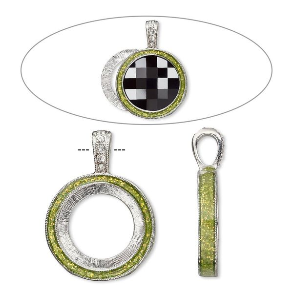 Pendant, Almost Instant Jewelry®, epoxy / crystals / imitation rhodium-finished "pewter" (zinc-based alloy), peridot green and crystal clear with glitter, 33x24mm single-sided with 20mm round setting. Sold individually. image number 0