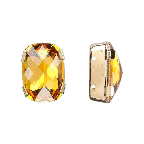 Spacer bar, crystal and gold-plated brass, Crystal Passions®, topaz, silver-foil back, 18x13mm double-drilled single-stone faceted rounded rectangle, 8mm between holes. Sold individually. image number 0