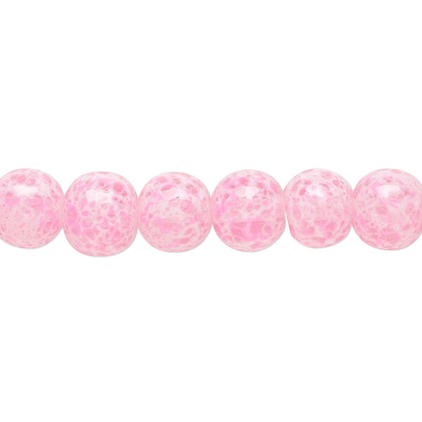 Bead, glass, opaque light pink / white / clear, 7-8mm round with random spotted pattern. Sold per 15-1/2" to 16" strand. image number 0