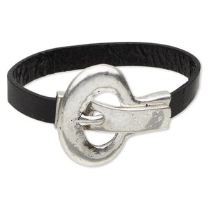Bracelet, leather (dyed) and antique silver-plated "pewter" (zinc-based alloy), black, 10mm wide, 6-1/2 inches with 40mm magnetic buckle-style closure. Sold individually.