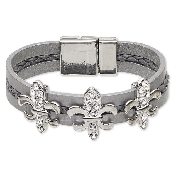Bracelet, leather (dyed) / crystals / imitation rhodium-plated "pewter" (zinc-based alloy), grey and crystal clear, 14mm wide with 23x20mm fleur-de-lis, 6 inches with magnetic clasp. Sold individually. image number 0