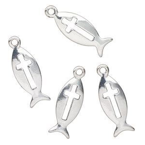 Drop, antique silver-finished "pewter" (zinc-based alloy), 22x19mm Christian fish with cutout cross. Sold per pkg of 4.