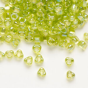 Seed bead, Miyuki 1pkg10g, glass, #5 triangle, translucent rainbow chartreuse (TR-1153)