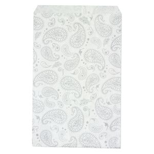 Bag, paper, white and silver, 9x6 inch rectangle with paisley-print and scalloped top edge. Sold per pkg of 100.