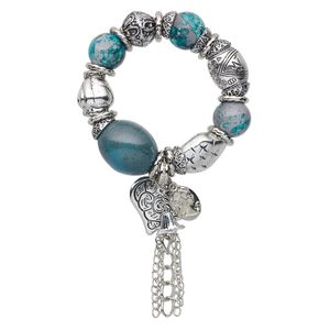 Bracelet, stretch, acrylic / ceramic / silver-coated plastic, teal and grey, 19mm round and 34x27mm oval, 6-1/2 inches. Sold individually.