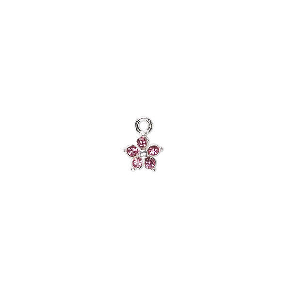 Charm, crystals and sterling silver, rose, 6mm single-sided flower. Sold per pkg of 2. image number 0