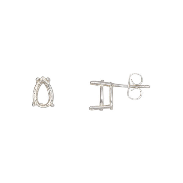 Earstud, Sure-Set™, sterling silver, 8x5mm with 4-prong pear basket setting. Sold per pair. image number 0