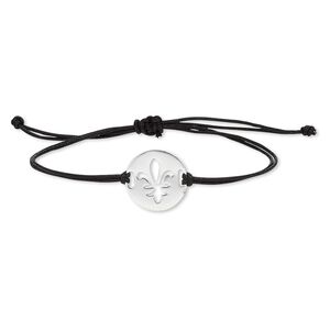 Bracelet, waxed cotton cord and sterling silver, black, 19mm round with cutout fleur-de-lis, adjustable from 6 to 9-1/2 inches with macramé knot closure. Sold individually.