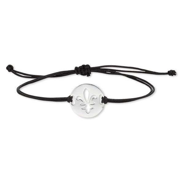 Bracelet, waxed cotton cord and sterling silver, black, 19mm round with cutout fleur-de-lis, adjustable from 6 to 9-1/2 inches with macramé knot closure. Sold individually. image number 0