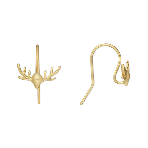 Ear wire, Amoracast®, satin-finished "vermeil", 13mm fishhook with antler and open loop, 20 gauge. Sold per pair. image number 0