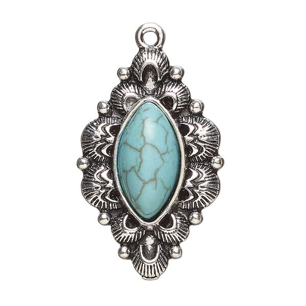 Focal, antique silver-finished "pewter" (zinc-based alloy) and "turquoise" (resin) (imitation), turquoise blue, 34x21.5mm single-sided diamond. Sold per pkg of 2. image number 0