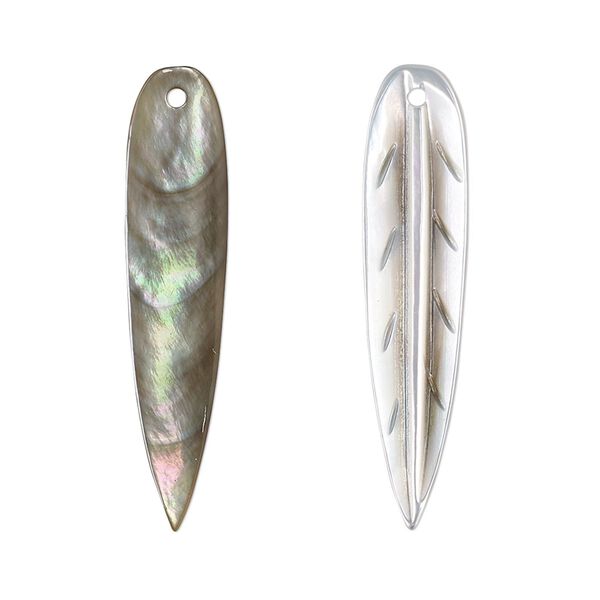 Focal, black lip shell (natural), 34x8mm hand-cut single-sided carved leaf, Mohs hardness 3-1/2. Sold individually. image number 0