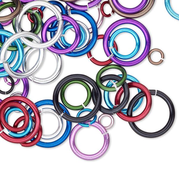 Jump ring mix, anodized aluminum, mixed colors, 4-12mm round, 2.5-9.2mm inside diameter, 14-20 gauge. Sold per pkg of 100. image number 0