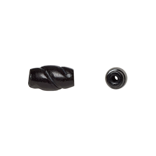 Bead, bone (dyed), black, 12x8mm-13x8mm hand-carved spiral hairpipe, Mohs hardness 2-1/2. Sold per pkg of 20. image number 0