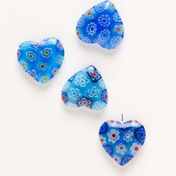 Bead, millefiori glass, pkg/4, translucent multicolored, 18-20mm half-drilled puffed heart. image number 0