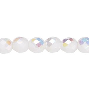 Bead, Czech fire-polished glass, opaque white AB, 8mm faceted round. Sold per 15-1/2" to 16" strand, approximately 50 beads.