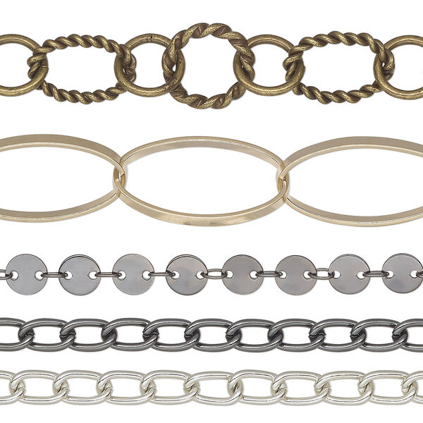 Chain assortment, gold- / antique silver- / gunmetal-finished aluminum / brass / steel, mixed colors, 3-31mm mixed shapes, Sold per pkg of (5) 36-inch lengths. image number 0
