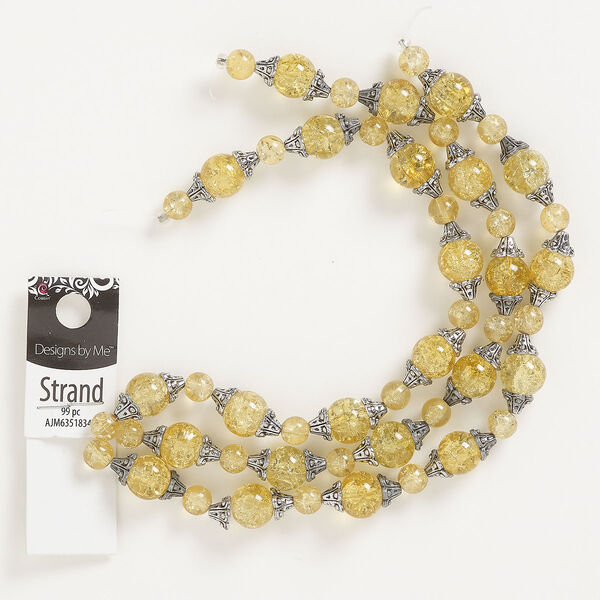 Bead, antique silver-finished "pewter" (zinc-based alloy) and crackle glass, translucent yellow, mixed sizes. Sold per pkg of 99. image number 0