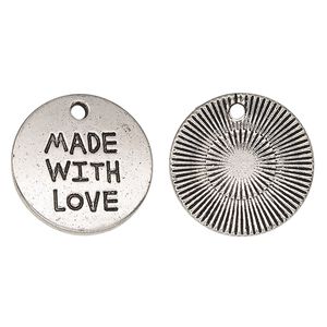 Drop, antique silver-finished "pewter" (zinc-based alloy), 19mm single-sided flat round with "MADE WITH LOVE." Sold per pkg of 2.