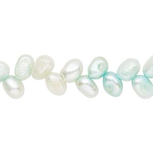 Pearl, cultured freshwater (dyed), light teal green, 7x5mm-8x6mm herringbone-drilled flat-sided rice with 0.4-0.6mm hole, D grade, Mohs hardness 2-1/2 to 4. Sold per 15-inch strand.