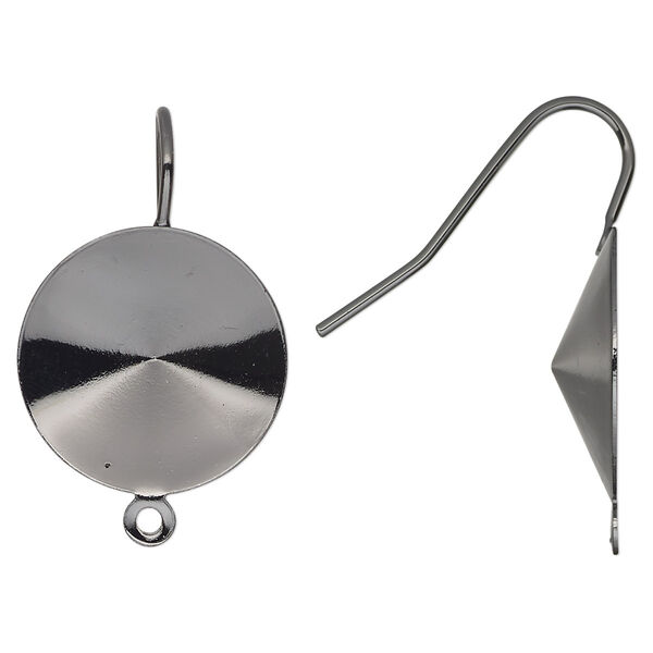 Ear wire, Almost Instant Jewelry®, gunmetal-finished brass, 23mm fishhook with closed loop and 18mm rivoli glue-in setting, 18-20 gauge. Sold per pkg of 5 pairs. image number 0