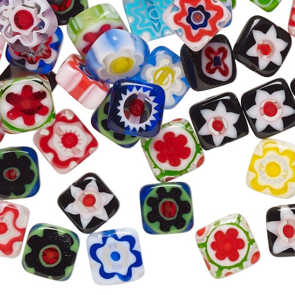 Bead mix, millefiori glass, opaque to transparent multicolored, 8mm flat square with 0.4-0.6mm hole. Sold per 2-ounce pkg, approximately 110-120 beads. image number 0