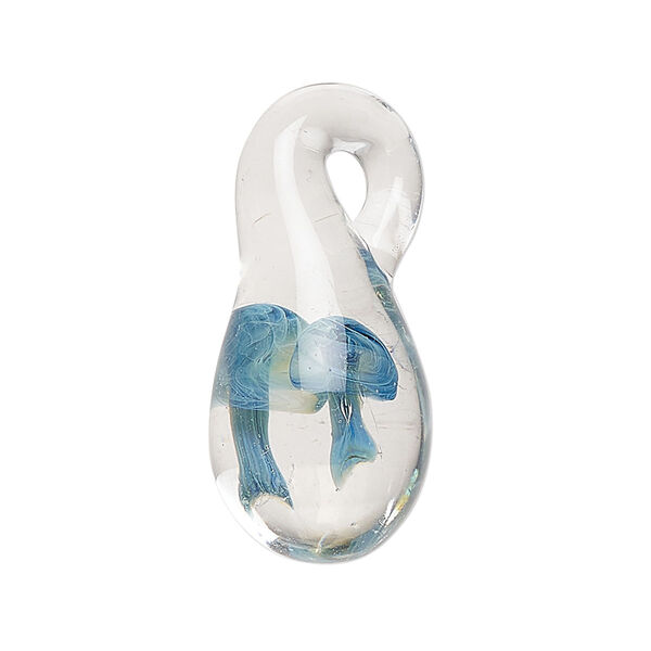 Focal, lampworked glass, transparent clear and blue, 30x14mm-36x17mm teardrop with mushroom. Sold individually. image number 0
