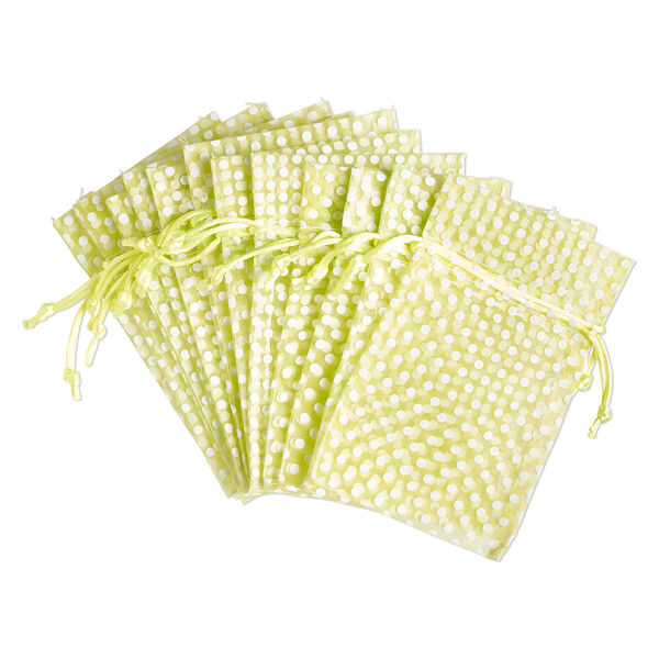 Pouch, organza, lime green and white, 6x4 inches with dots pattern and drawstring closure. Sold per pkg of 12. image number 0