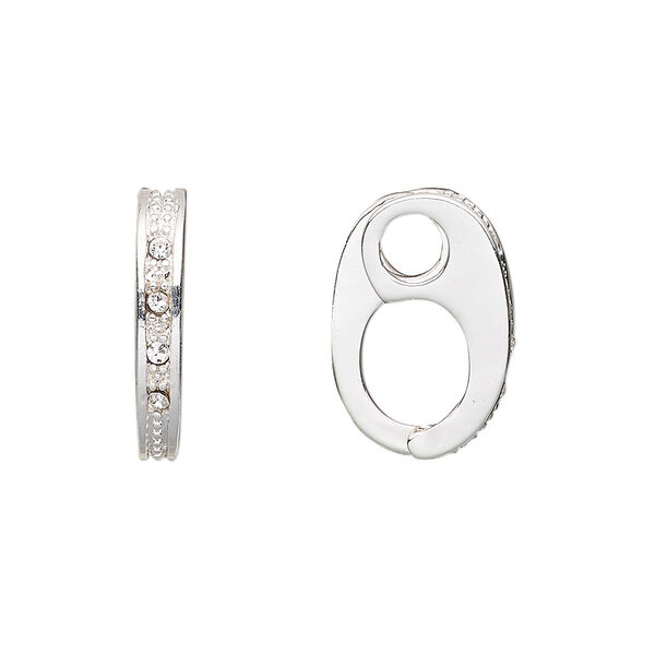 Bail, Czech glass rhinestone and silver-plated brass, clear, 18x3mm single-sided hinged, 3.5mm grip length. Sold per pkg of 2. image number 0