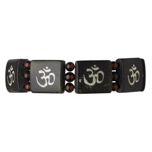 Bracelet, 3-strand stretch, bone (dyed) and glass, black and brown, 17x17mm flat square with Om symbol design, 7 inches. Sold individually.