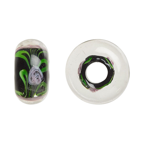 Bead, lampworked glass, opaque black and multicolored, 20x10mm rondelle with rose. Sold per pkg of 2. image number 0